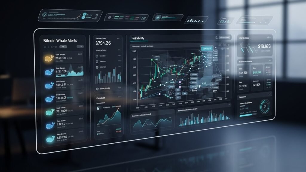 비트코인 고래 알림과 MGM홀짝 분석 결과가 표시된 하이테크 대시보드