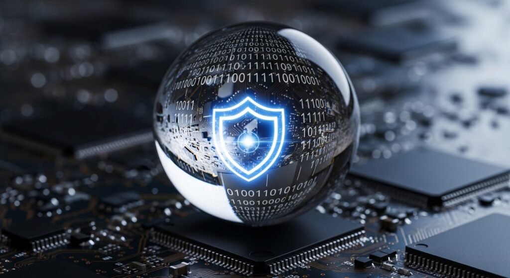 투명한 유리 구슬 안에 비치는 디지털 데이터와 신뢰를 상징하는 이미지