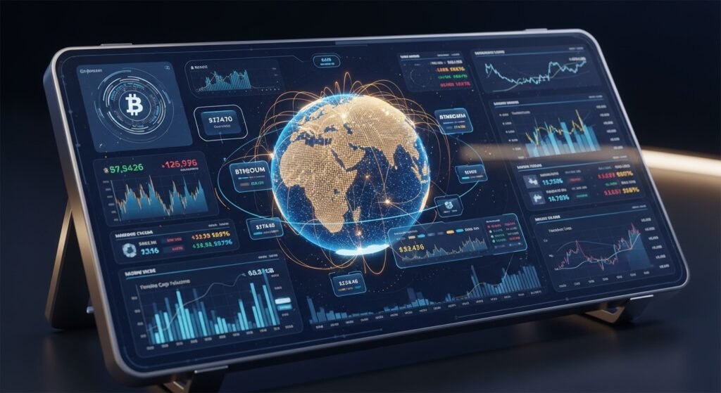  디지털 금융 대시보드와 자산 흐름을 시각화한 차트